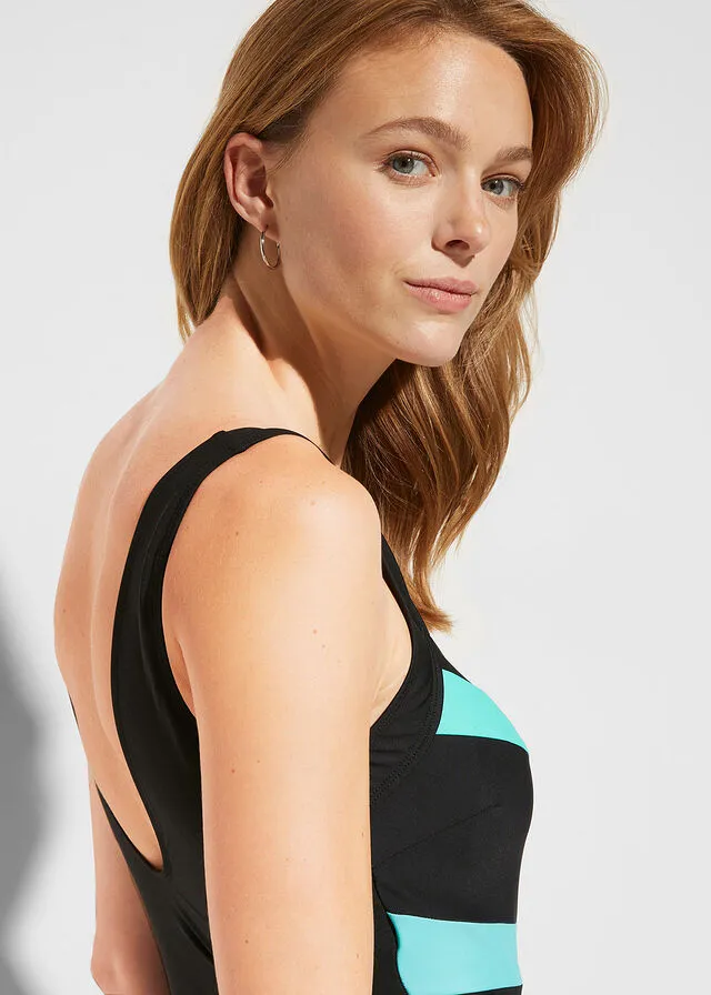 Black and Green Striped Swimsuit with Flattering Shaping Effect