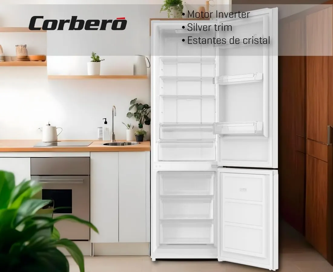 Corberó - Frigorífico Combi 326L | CCH200322NFW| No Frost | Luz LED | Fresh Box | Crisper | Balcones Ajustables | Estantes de Cr