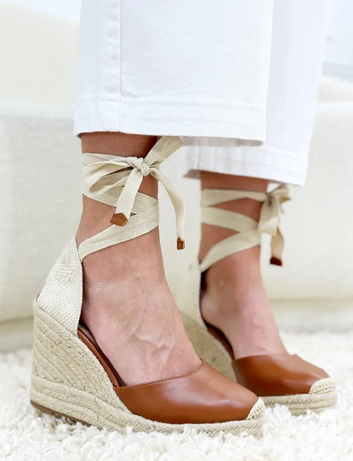 Faux leather camel lace wedge.