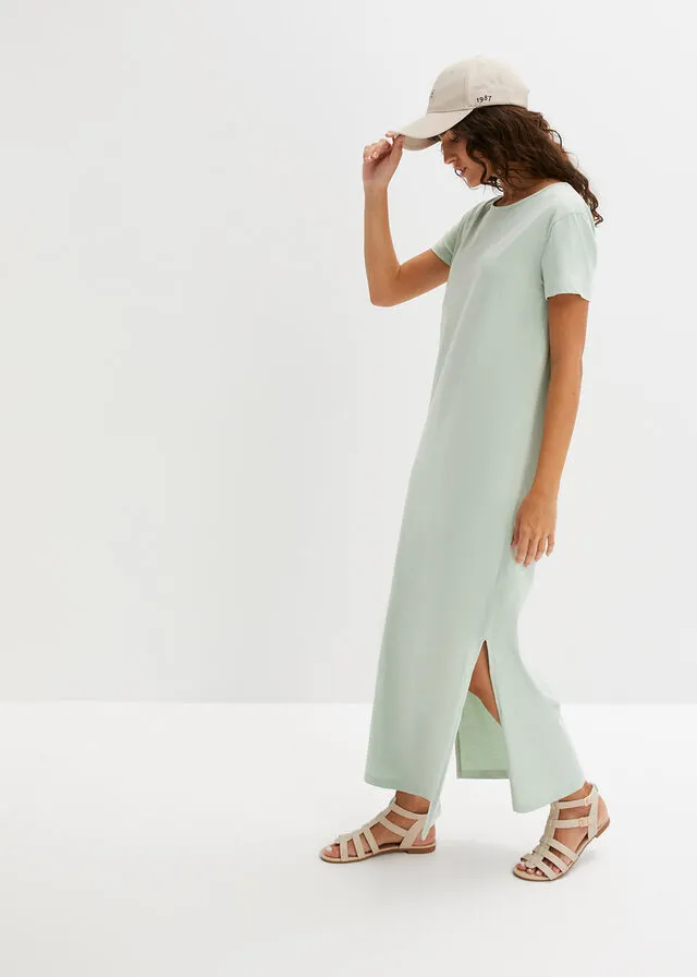 Long Cotton Dress with Light Green Slit