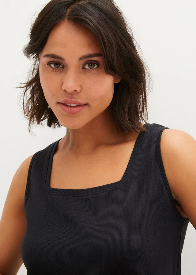 Black Ribbed Cotton Crop Top with Square Neckline