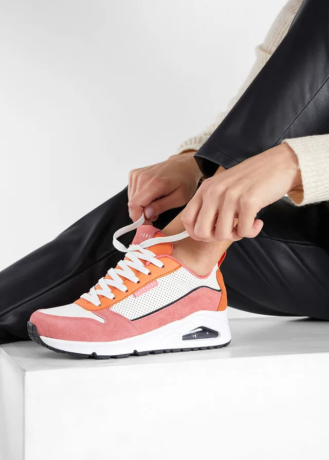 Rose-Orange-White Skechers Memory Foam Sneakers.